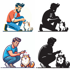 Set of vectors and images of cute male and cat shilhouttes on a white background