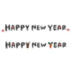 Happy New Year text with zodiac horse and plum blossom watercolor cute style