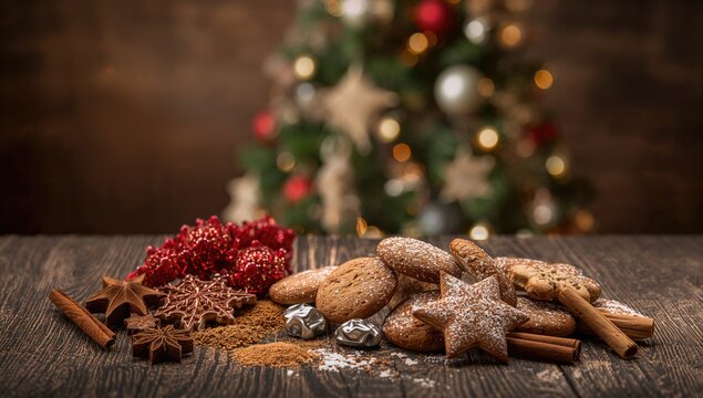 Christmas-themed decorations, cookies, and spices arranged on a rustic wooden surface, seasonal culinary elements
