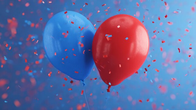 Red and blue balloons with colorful confetti falling on vibrant celebration background, festive party decorations for birthdays, anniversaries, and holiday events