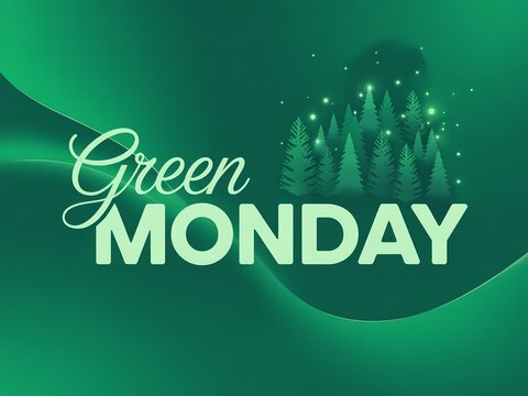 Green monday text with abstract green background and glowing lights representing growth and sustainability