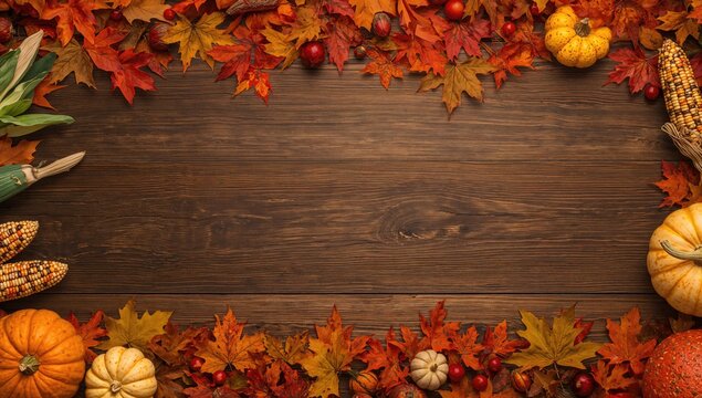 Thanksgiving Day setting with autumn leaves, pumpkins, and candles, seasonal celebration ambiance