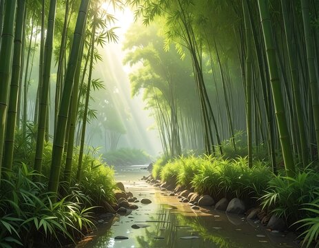Serene image of a bamboo forest with a small stream flowing through it. Sunlight streams through the foliage, creating a tranquil scene