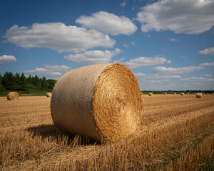 Golden hay bales resting in sun-drenched field under a beautiful blue sky, evoking rural charm and agricultural abundance for your creative projects