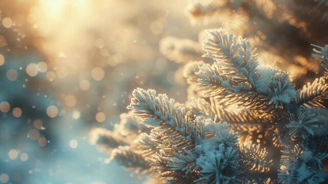 Frosted pine branches illuminated by sunlight during winter day.