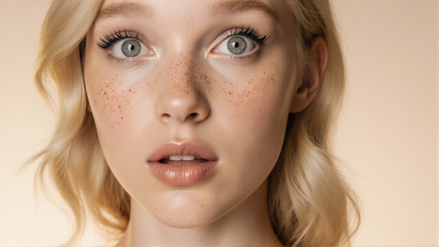 A versatile photo of a young blonde woman for a wellness ad. Her natural beauty and fresh, charming expression are key.