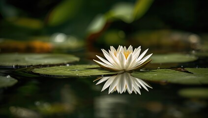 Closeup of a white water lily flower in a pond, seasonal change