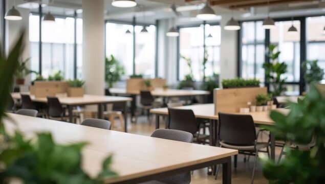 Out-of-focus vibrant shared workspace with customizable wooden tables, abundant daylight, and plants, created to encourage teamwork and efficiency in a contemporary environment.