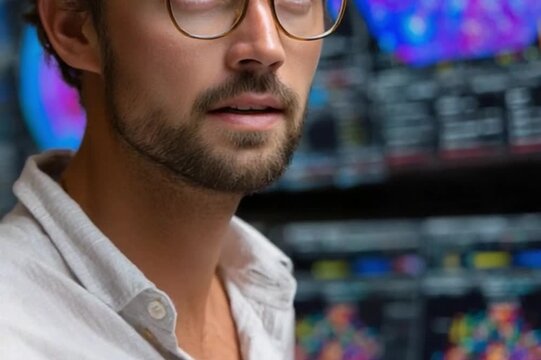 Focused Intelligence: A man of intellect, captured mid-thought. wearing circular frame eyeglasses, this captivating shot of contemplation portrays a thoughtful individual in his element.