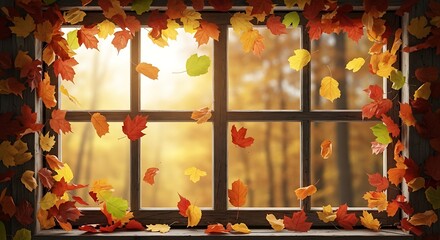 Warm autumn sunlight streaming through a window decorated with colorful leaves.