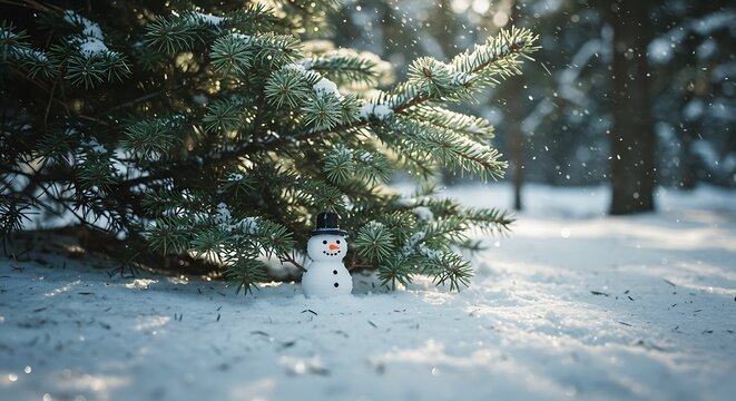 Snowy Winter Scene - Adorable Snowman Under Evergreen Tree. - Powered by Adobe