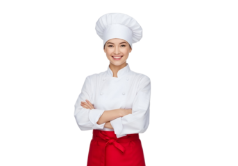 Smiling Young Asian Female Chef in White Uniform and Red Apron with Arms Crossed, a Confident Culinary Professional Portrait, isolated on transparent background.