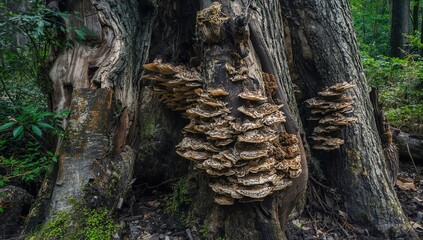 Obraz premium Agarikon fungus growing on a tree trunk, showcasing natural decay process
