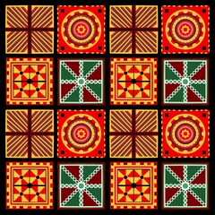 African ethnic tribal-inspired pattern in bright red and yellow tones balanced by soft ethnic hues. The design brings a fresh, fun, and modern twist to traditional tribal art, ethnic a . Perfect for 