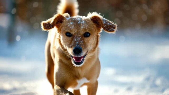 A dog with a happy expression is captured mid-run in a snowstorm.