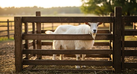 White Goat Standing Behind Wooden Fence in Farm Field at Sunset.