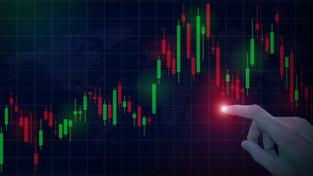 Candlestick Chart with Hand Highlighting Market Movement on Global Trading Interface