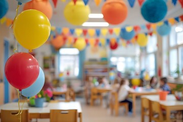Brightly colored balloons decorate a cheerful classroom ready for a celebration