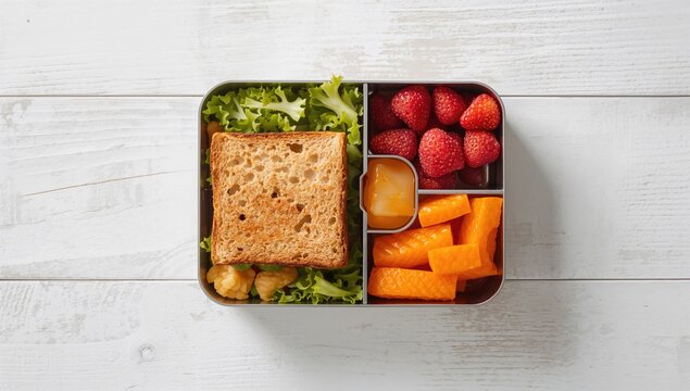 Healthy lunch box featuring a sandwich, fresh vegetables, and fruits, balanced meal choice