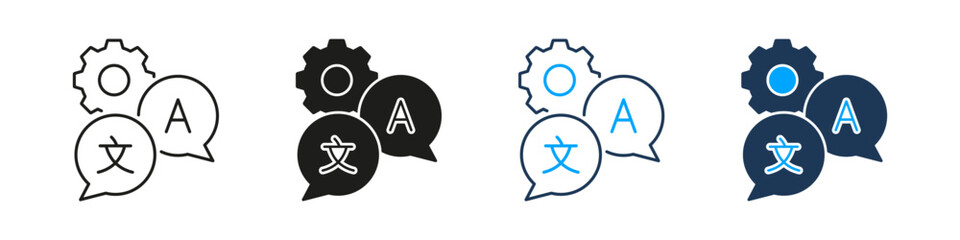 Translation Settings Line And Solid Icon Set. Speech Bubbles And Gear Symbol Collection For Language Configuration, System Localization, Multilingual Content Management. Isolated Vector Illustration