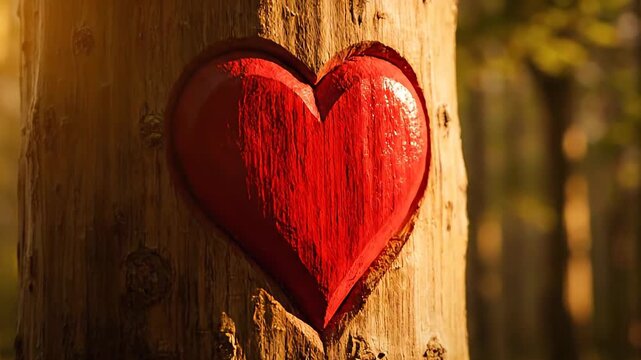 Series of red hearts carved into a tree trunk in a sunlit forest. A beautiful symbol of everlasting love, affection, and romance
