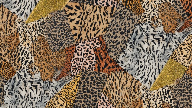 Seamless pattern featuring abstract 2D patchwork of striped animal hides