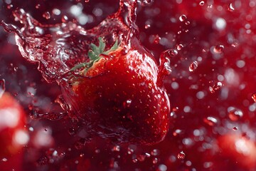 Close up of a fresh strawberry splashing into vibrant red liquid with water droplets