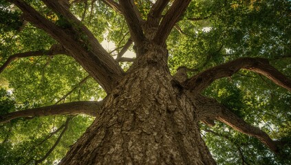 Naklejka premium A view of a tree from ground level, showcasing upward growth and natural beauty, Earth Day