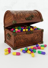 Treasure Chest Full of Colorful Pills on White Background.
