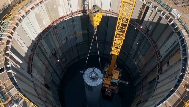 Construction crane lowering large cylindrical tank into deep circular concrete shaft installation