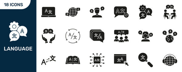 Language Translation And Global Communication Silhouette Icon Set. Multilingual Interaction, And Language Learning Collection. Translation Tools And Services. Isolated Vector Illustration