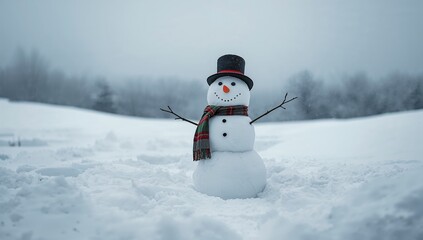 Obraz premium Cheerful snowman in a snowy scene, evoking holiday spirit