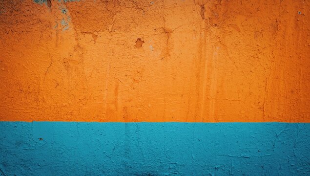 Old wall showing two paint layers in contrasting colors, with the orange coat partially covering the blue one, featuring a textured and vintage design