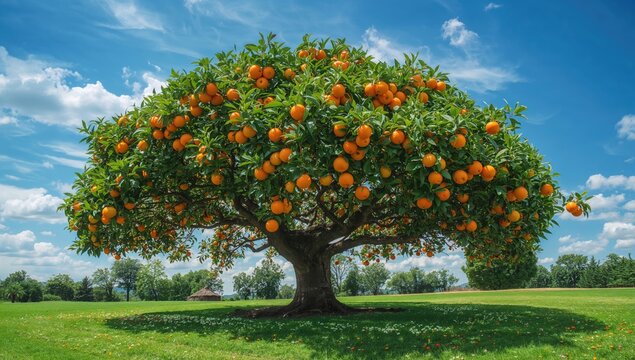 A vibrant citrus tree bears an abundance of ripe, juicy oranges under a clear blue sky, seasonal change