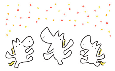 カラフルな紙吹雪と新年をお祝いする3頭の白馬　2026 正月素材・手描き