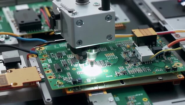 Automated printed circuit board soldering and assembly with precision machine close up