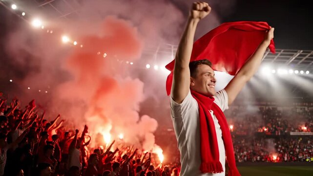 Cheering fan waves scarf and flag. Supporter celebrates with flare and smoke in crowd. Stadium fills with cheering and celebration. Football match crowd roars and chants. Night event glows in light.