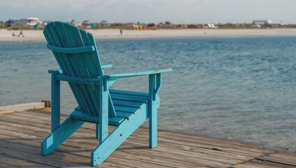 Fototapeta premium A blue Adirondack chair placed on a dock overlooking the water, ideal for relaxation by the lake