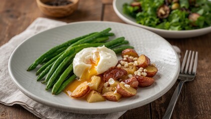Green beans served with potatoes and egg, fiber-dense choice