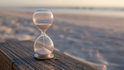 Hourglass at dawn, symbolizing the passage of time, reflection on life's fleeting moments
