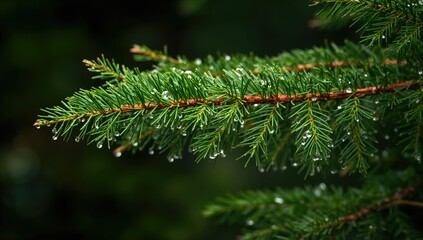 Fototapeta premium Spruce Tree Glistening With Raindrops, Highlighting Natural Beauty and Humidity