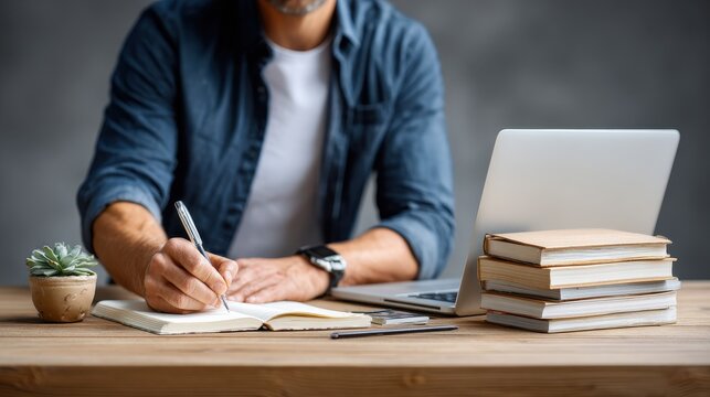 A person is writing in a notebook with a laptop and stack of books on a wooden desk, creating a productive workspace with a small plant.