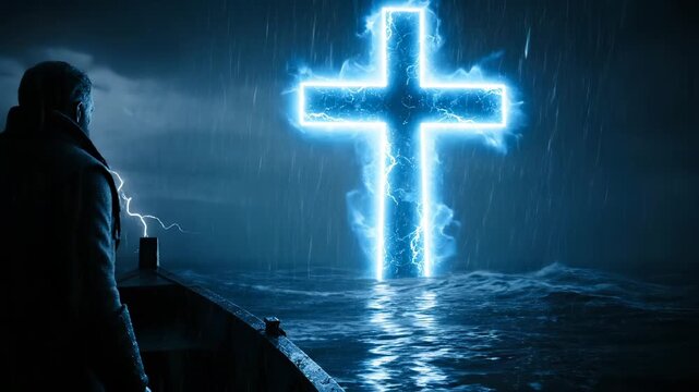 man faces cross over sea at night. boat drifts through storm while lightning forks sky. reflection shivers on water. cross pours glow over horizon. man steadies oar. cross reflects on surface.