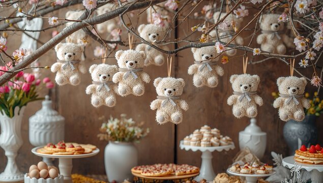 Adorable small teddy bears dangling from branches with floral and festive spring decor - Powered by Adobe
