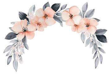 Watercolor floral arch isolated on transparent background, featuring delicate peach blossoms and gray leaves, perfect for wedding invitations and elegant design projects