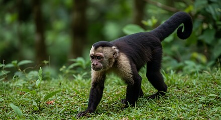 White-faced capuchin monkey walking through lush green jungle foliage.