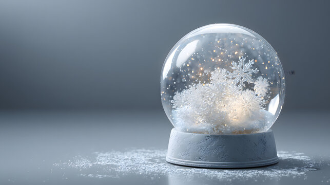 Empty snow globe template vector illustration glass snowball with falling snow and snowflakes on gray base mockup with copy space for lettering winter holiday decoration banner poster card design