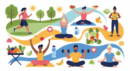 Healthy Lifestyle and Wellness doing Yoga, Exercise, and Nutrition