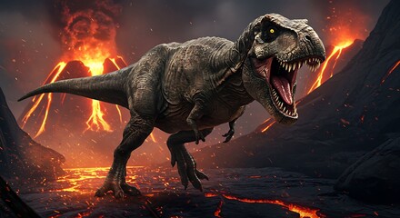 Tyrannosaurus Rex Roaming a Volcanic Landscape with Lava and Smoke.