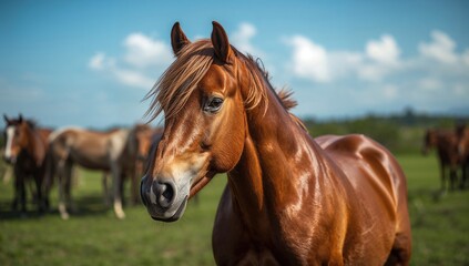 Obraz premium Horse standing prominently in the foreground of a herd, showcasing the dynamics of group behavior